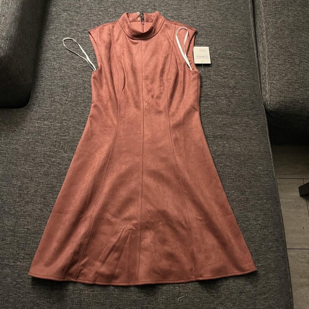 Donna Morgan Dress Womens 2 Pink Mock Neck Faux Suede A Line Knee Length